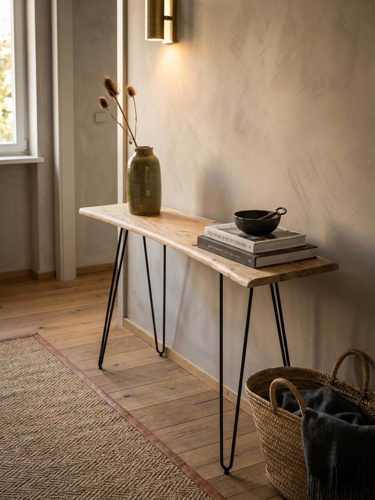 KONSOLENTISCH – Akazie Massivholz, 150x36x75 cm, mit Baumkante, Haarnadelbeine, Metallgestell - Schwarz/Akaziefarben, Holz/Metall (36/150/75cm) - KADIMA DESIGN