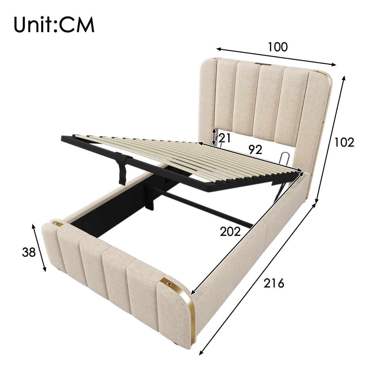 POLSTERBETT mit Bettkasten 90/200 cm in Beige mit USB-C und gepolstertem Kopfteil - Beige, Textil (90/200cm) - BEAOK