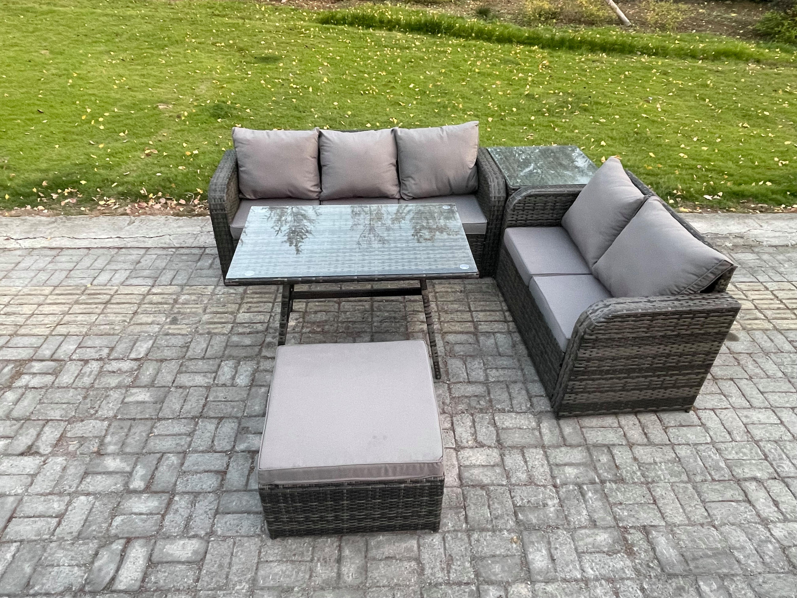 GARTENMÖBEL SET Polyrattan Dunkelgrau 6-Sitzer - Dunkelgrau/Grau, Glas/Kunststoff - Fimous