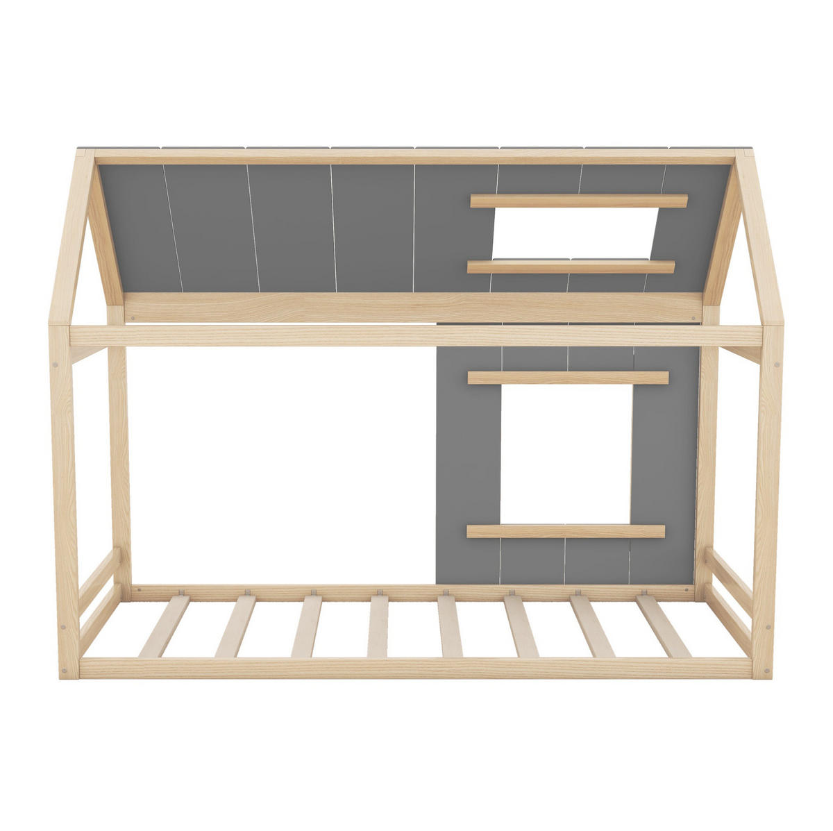 HAUSBETT aus Kiefernholz 90x200 cm Natur/Grau im Hausdesign mit Dach, Fenster und offenem Rahmen - Grau, Holzwerkstoff (90/200cm) - Modfu