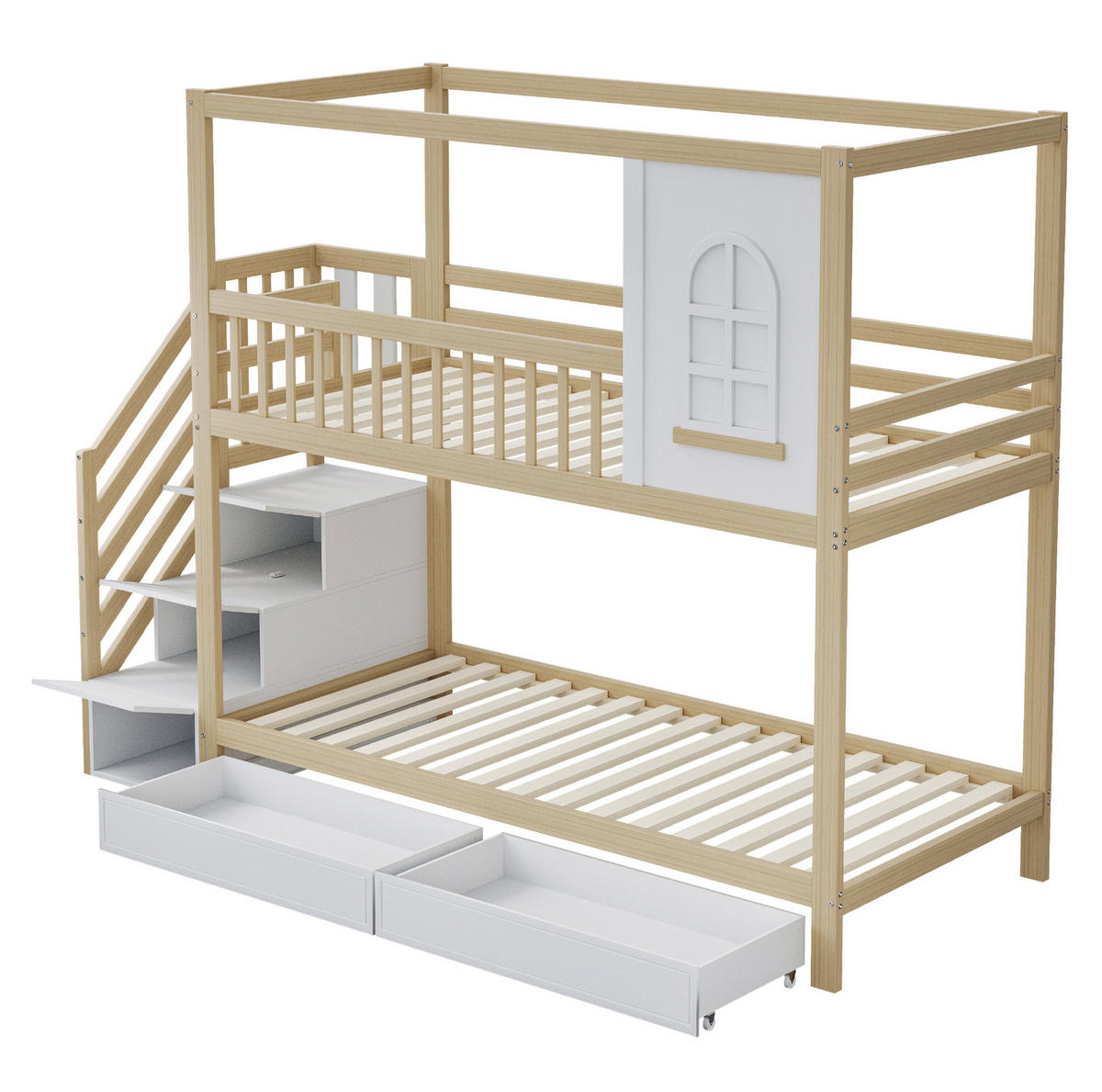 ETAGENBETT 90/200 cm aus Holz mit Leiter, Fenstern und Schubladen Natur - Naturfarben, Holz (90/200cm) - Modenvie