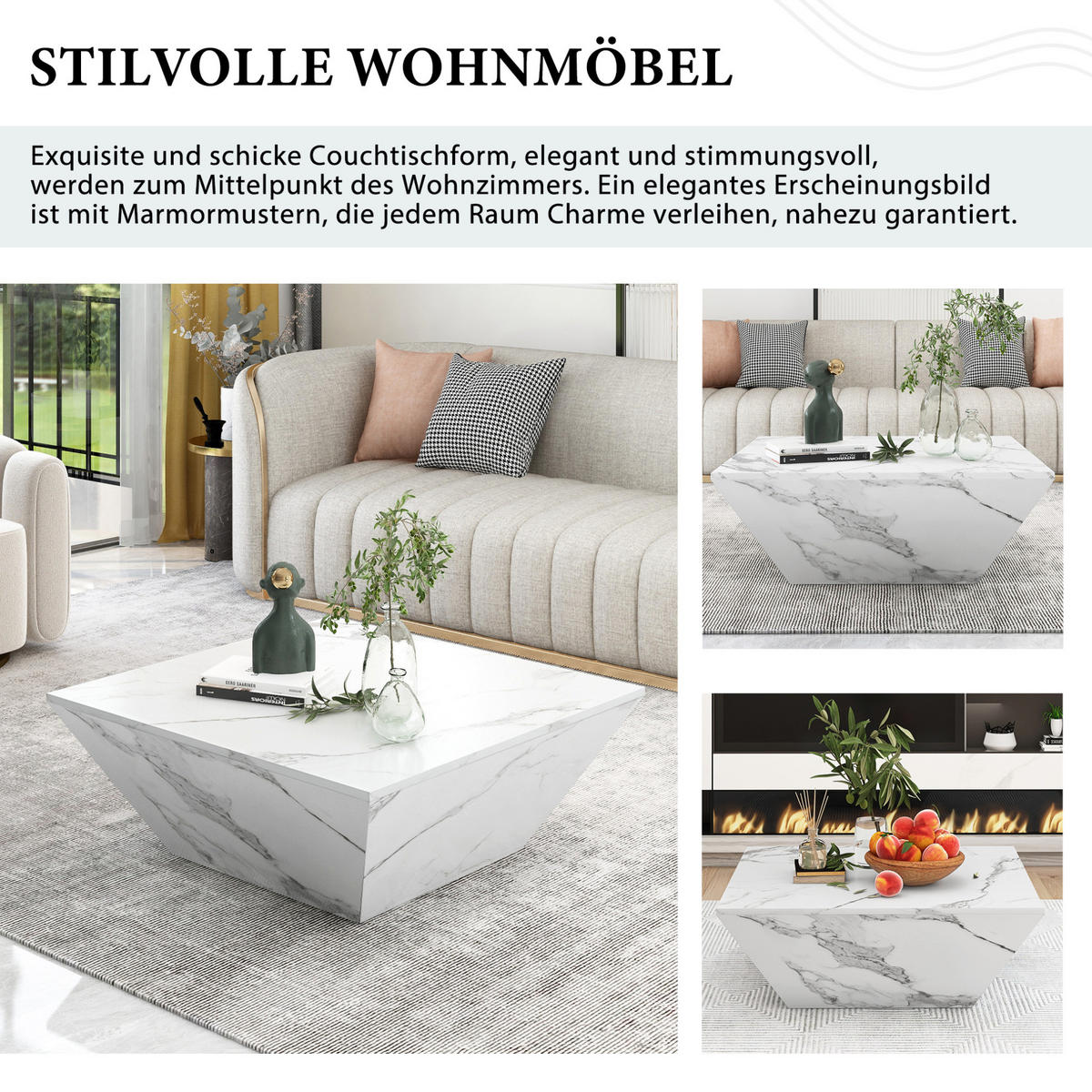 COUCHTISCH, trapezförmig, MDF mit Marmorfurnier, 2 Schubladen, modernes Light-Luxury-Design, 70/70/37 cm, Weiß - Weiß, Holzwerkstoff (70/70/37cm) - Redom