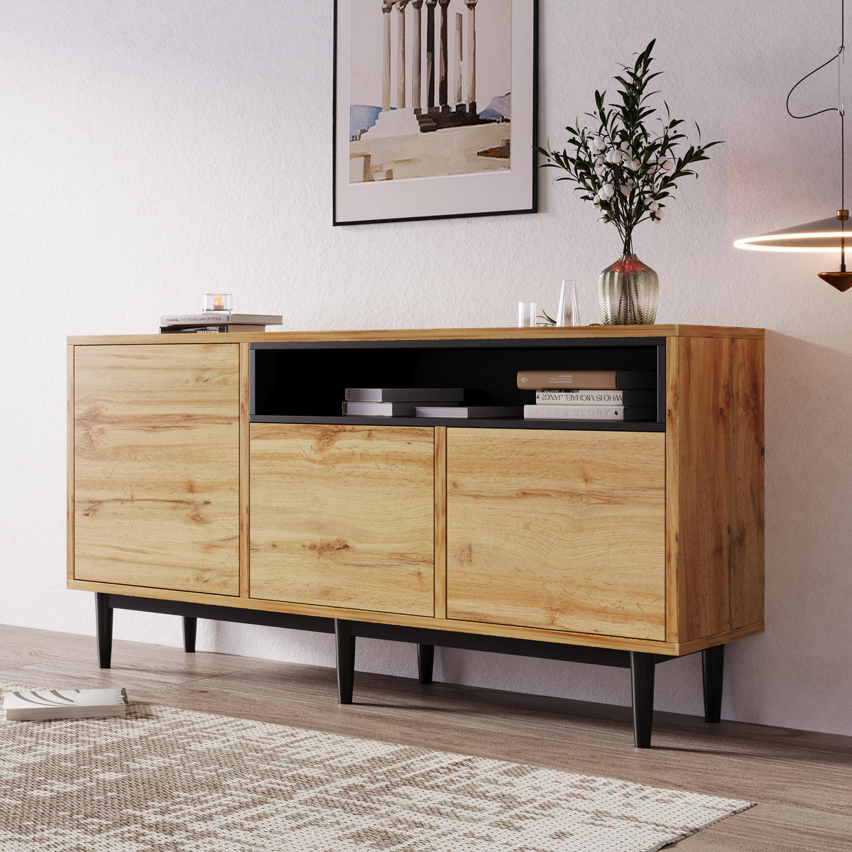 SIDEBOARD aus MDF mit 3 Türen und verstellbaren Einlegeböden, 160/35/76 cm, Schwarz und Natur - Naturfarben, Holzwerkstoff (160/76/35cm) - Redom