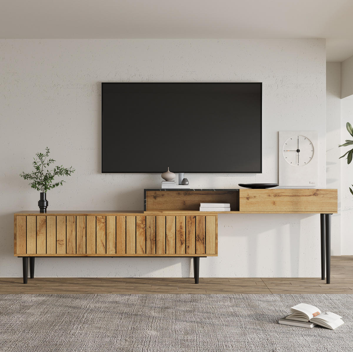 TV-STÄNDER mit Regalfächern MDF in Marmor- und Holzoptik - Braun, Holzwerkstoff (30/58/129cm) - Beauniv