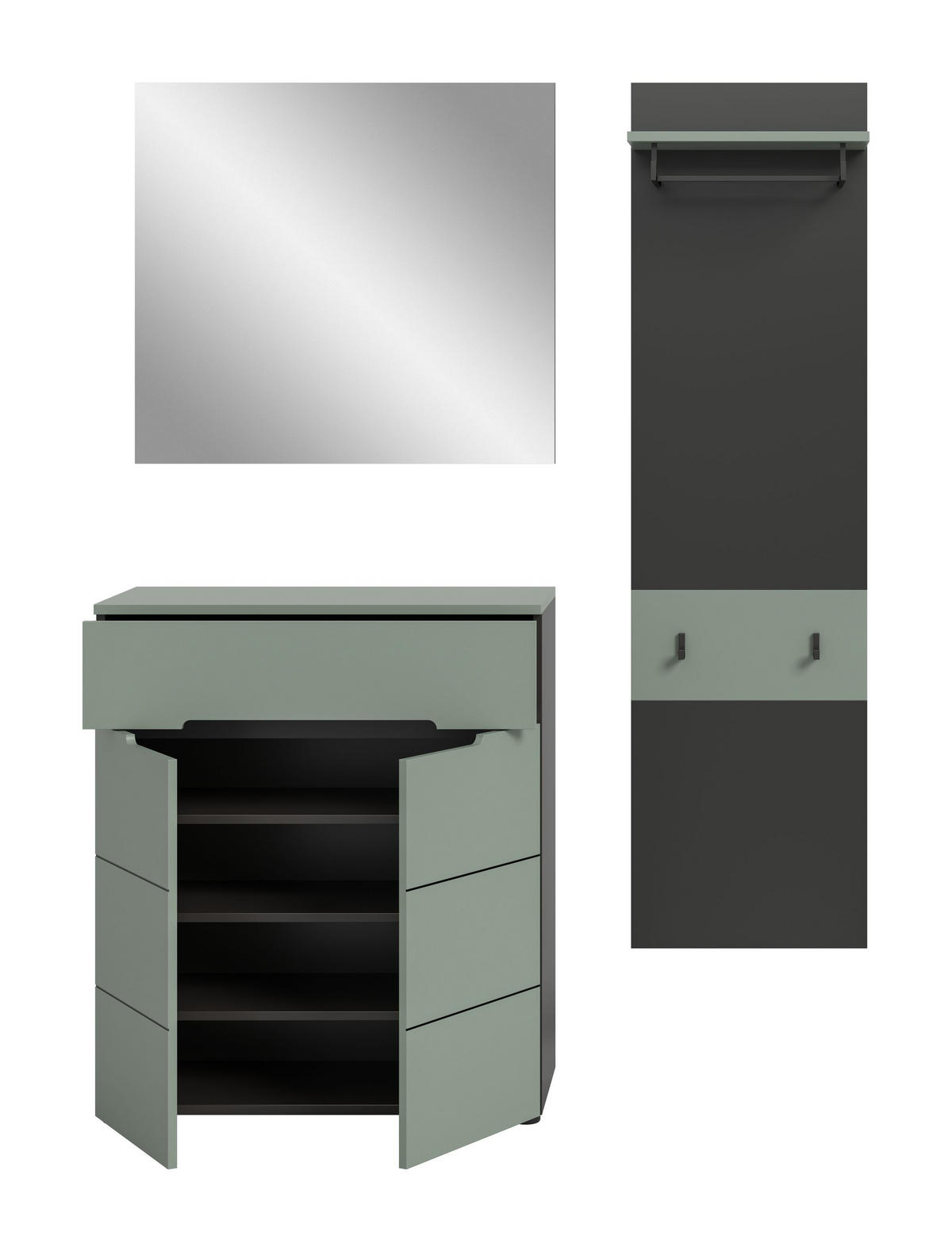 GARDEROBE Nova (B/H/T: ca. 140/190/37 cm) 3 tlg. in Basalt grau/Smoke Green - Grau, Holzwerkstoff (140/190/37cm)