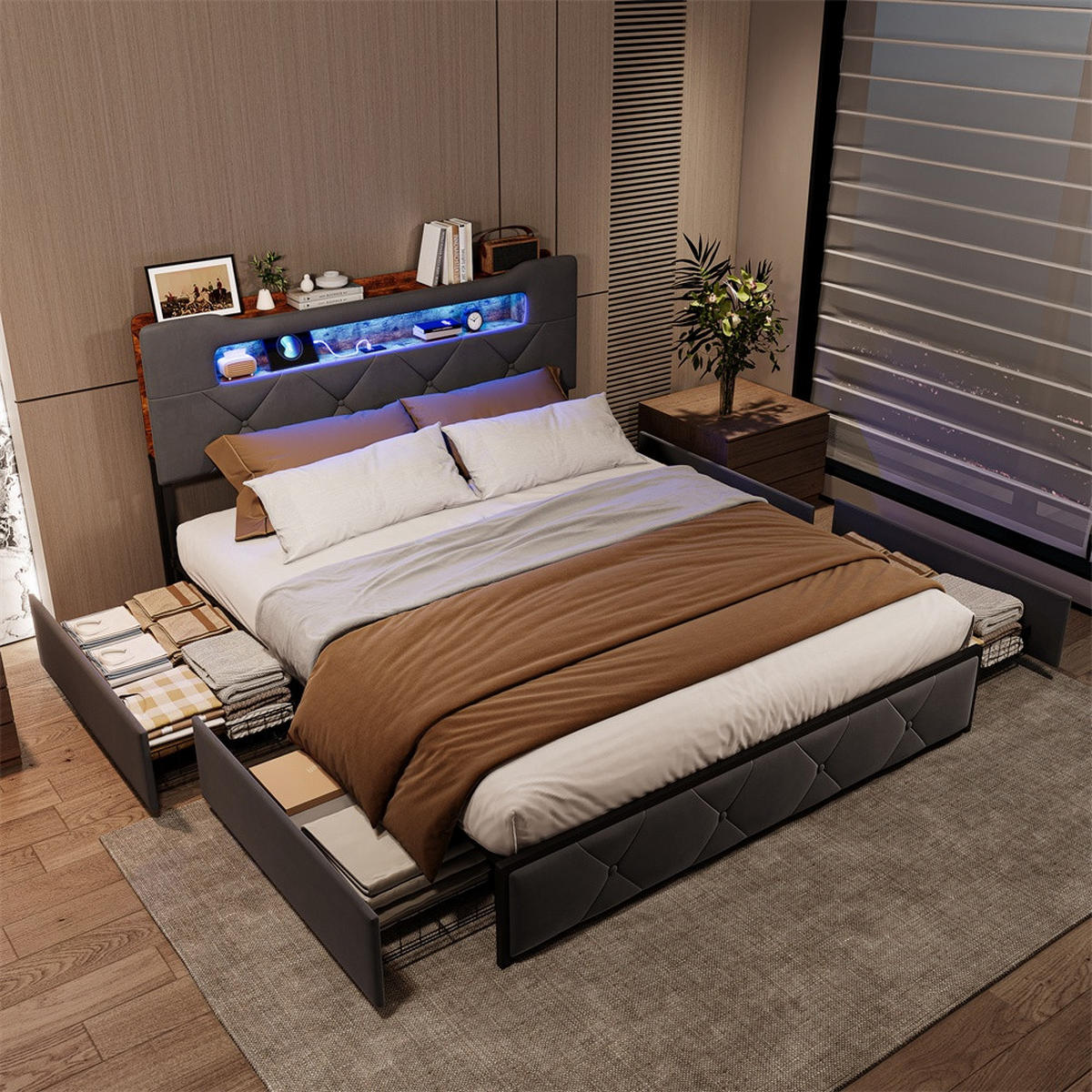 POLSTERBETT 160x200 cm - Doppelbett mit Stauraumkopfteil - 4 Schubladen und LED-Beleuchtung - ohne Matratze - Grau - Grau, Textil (160/200cm) - DELFA