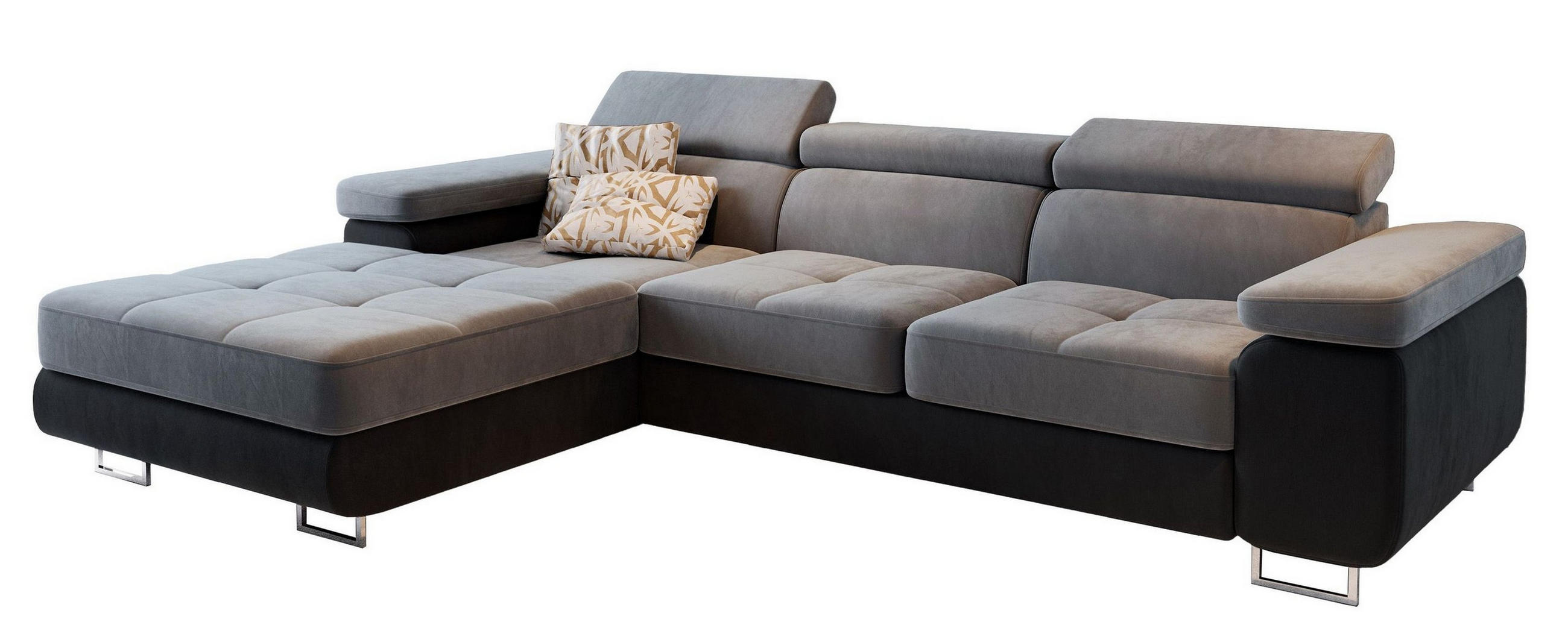 ECKSOFA ELMA L-S Hellgrau Velours-Stoff mit Schlaffunktion - Hellgrau, Holz (280/205cm) - MASSENO