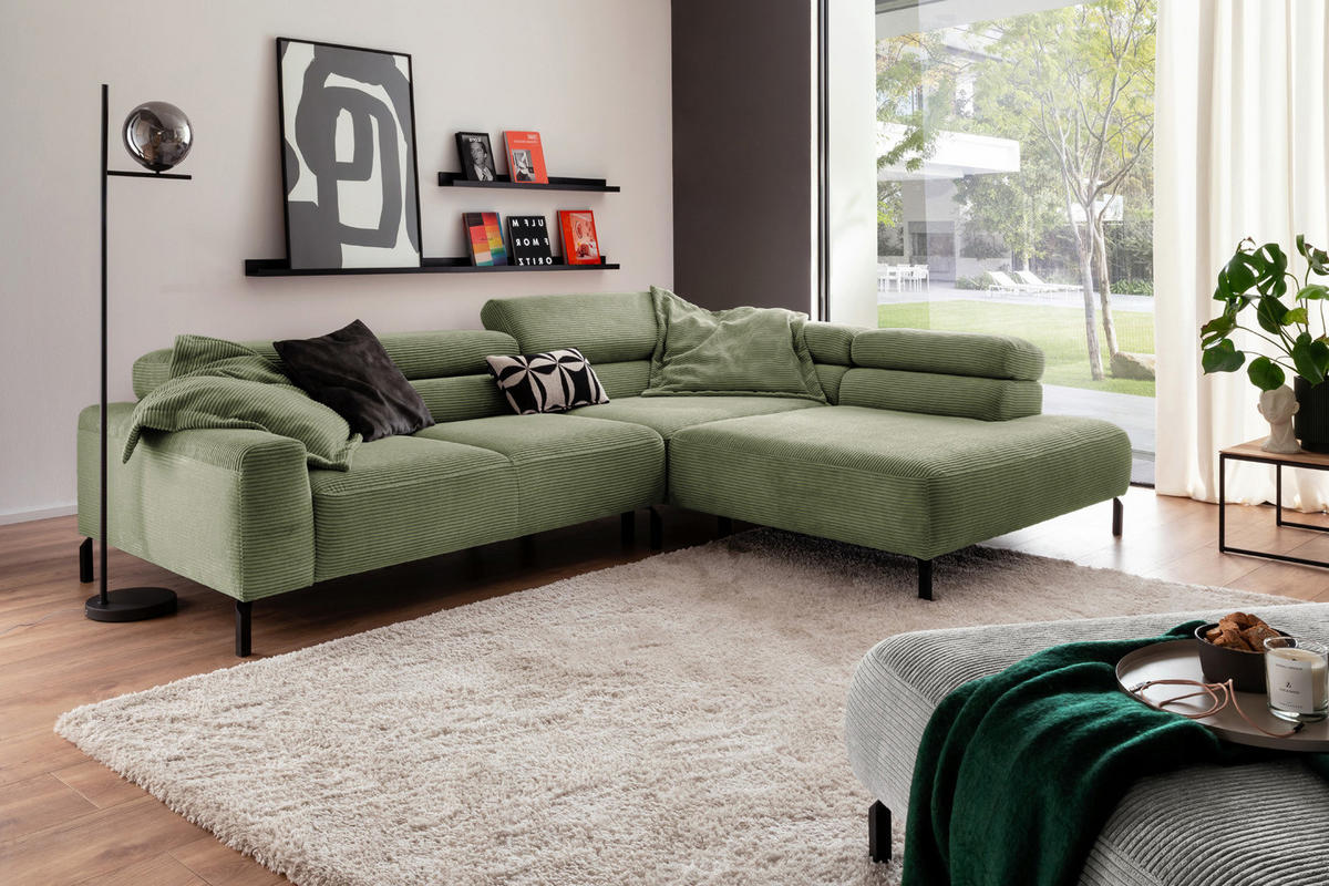 ECKSOFA MIT MOTORISCHEM SITZVORZUG DELIA Grün Cord - Schwarz/Grün, Textil/Metall (312/219cm) - KAWOLA