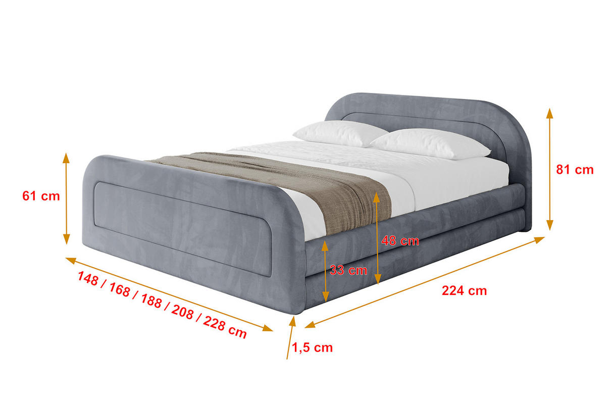 POLSTERBETT mit Bettkasten, Fußteil und Lattenrost, Boxbett mit Matratze H3/H4 - LERIS-v1-Z 120x200 Grau - Grau, Holzwerkstoff/Textil (120/200cm) - ALTDECOR