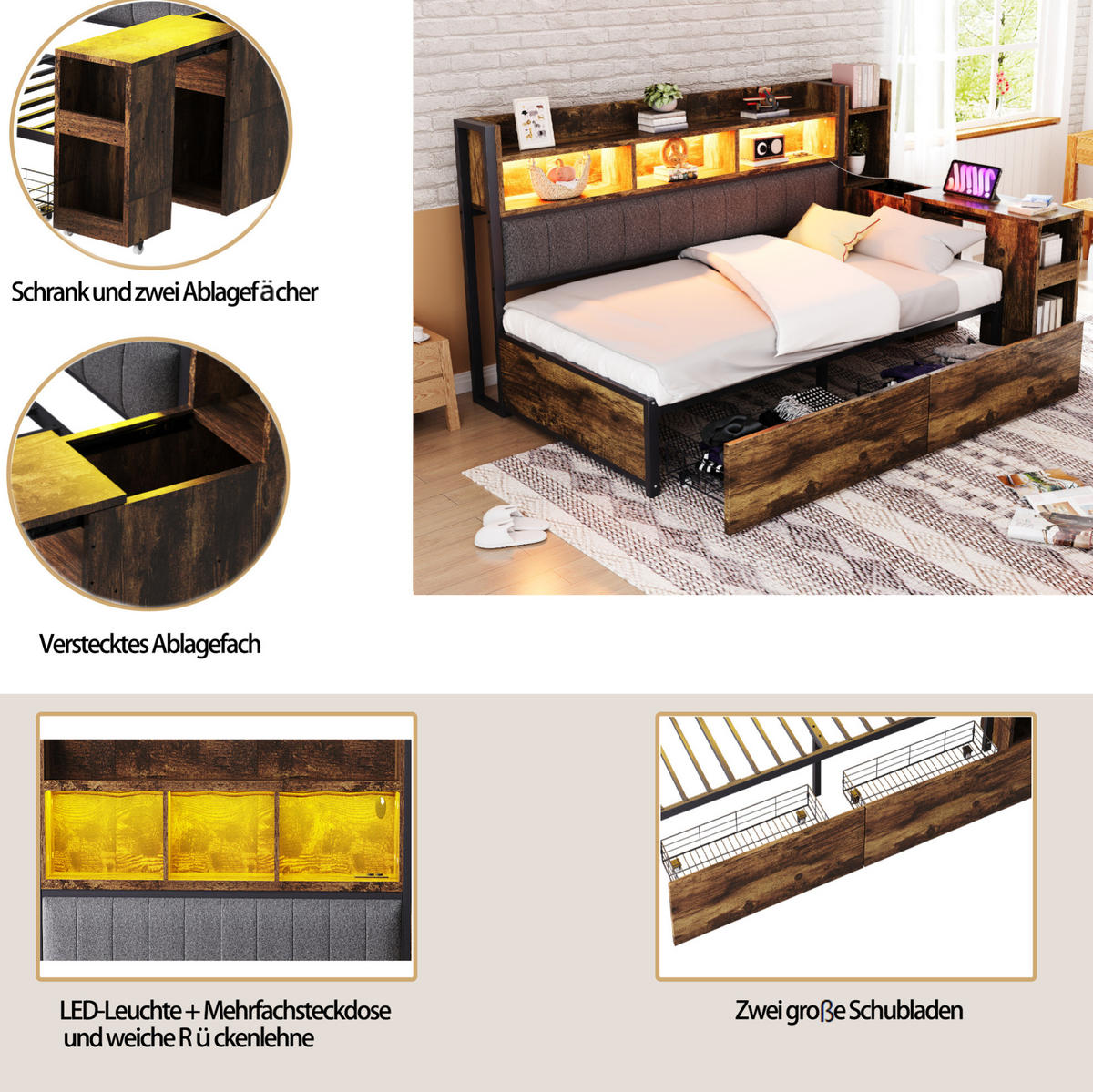 BETT 90/200 cm in Holzfarbe aus Metall und Holz mit Schreibtisch - Naturfarben, Metall (90/200cm) - OKMYHOME
