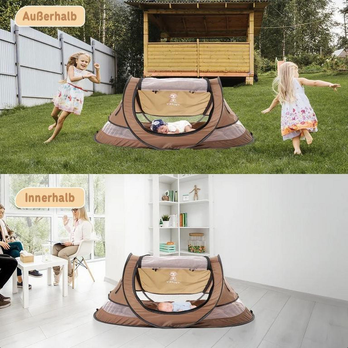 REISEBETT Baby mit Matratze bis 3 Jahre mit Moskitonetz Braun - Braun, Kunststoff (107/40cm) - Twinky