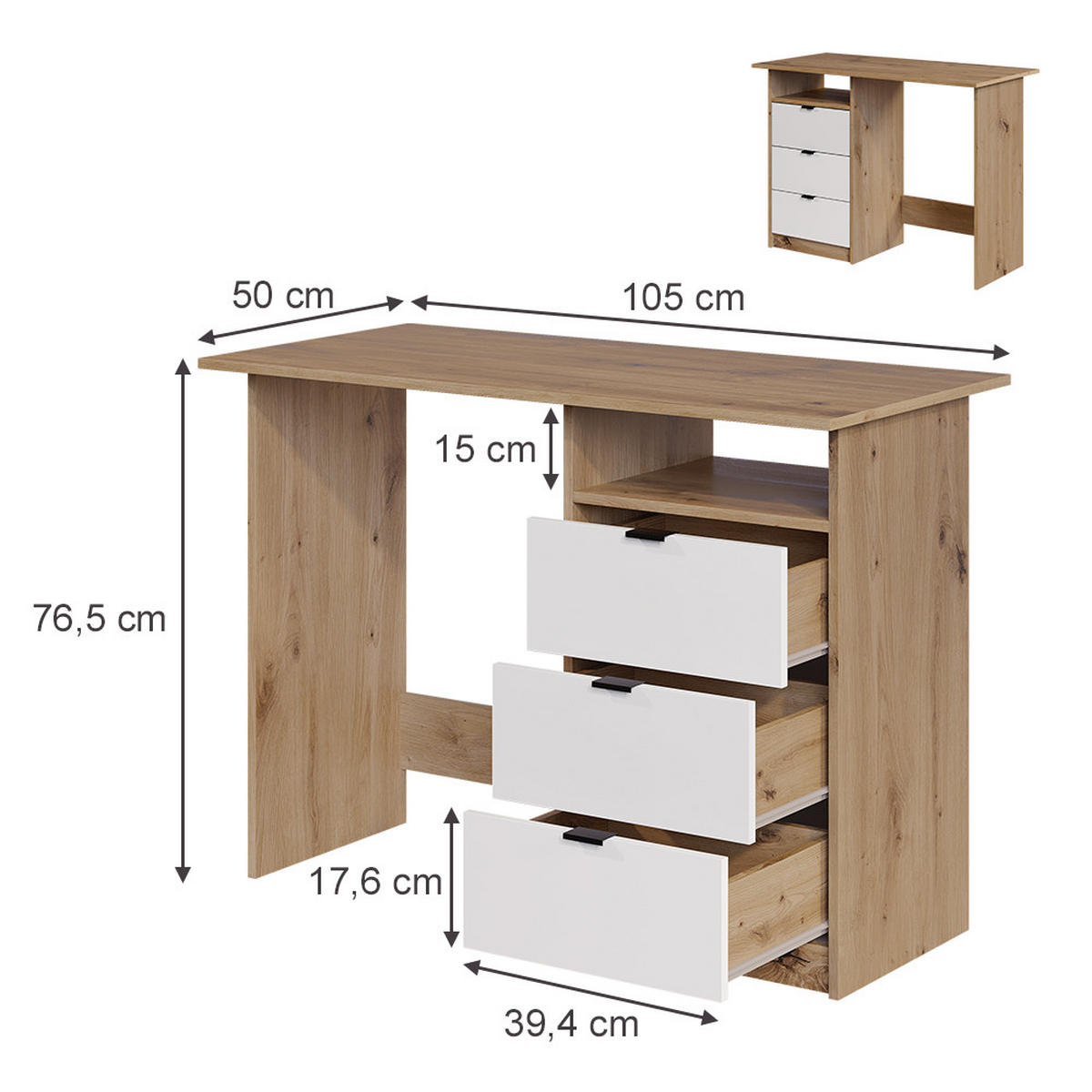 SCHREIBTISCH Meiko Weiß/Artisan 105 x 50 cm mit Schubladen - Weiß/Eiche Artisan, Holzwerkstoff (50/105/76.5cm) - Vicco