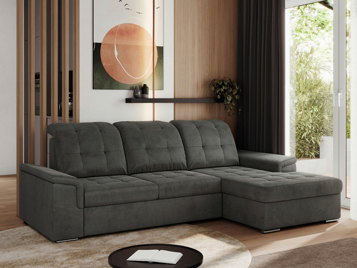 ECKSOFA MADRITO L - Dunkelgrau Velorus - Rechts - Dunkelgrau/Silberfarben, Textil/Metall (256/160cm)
