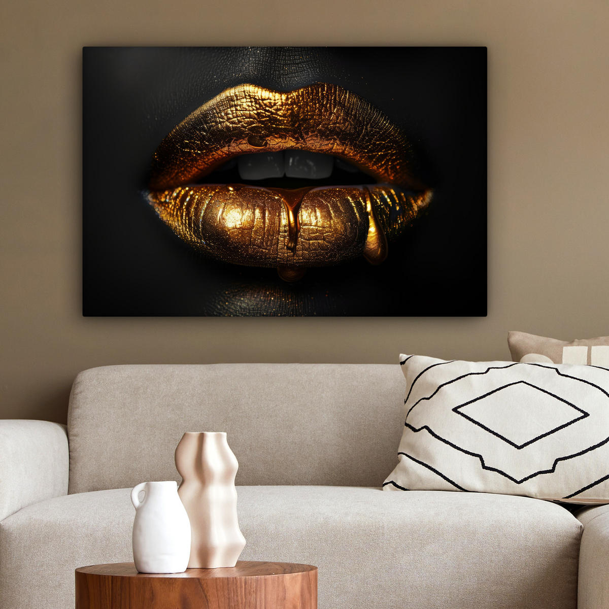 LEINWANDBILD Frau - Porträt - Lippen - Gold - Schwarz Gemälde 60x40 cm - Schwarz, Textil (60/40cm) - MuchoWow