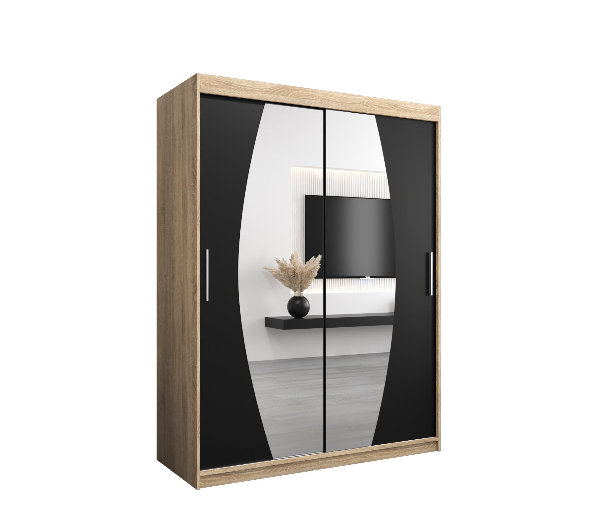 Abiks Möbel Schwebetürenschrank Sonoma Eiche, Schwarz 150x200x62 cm