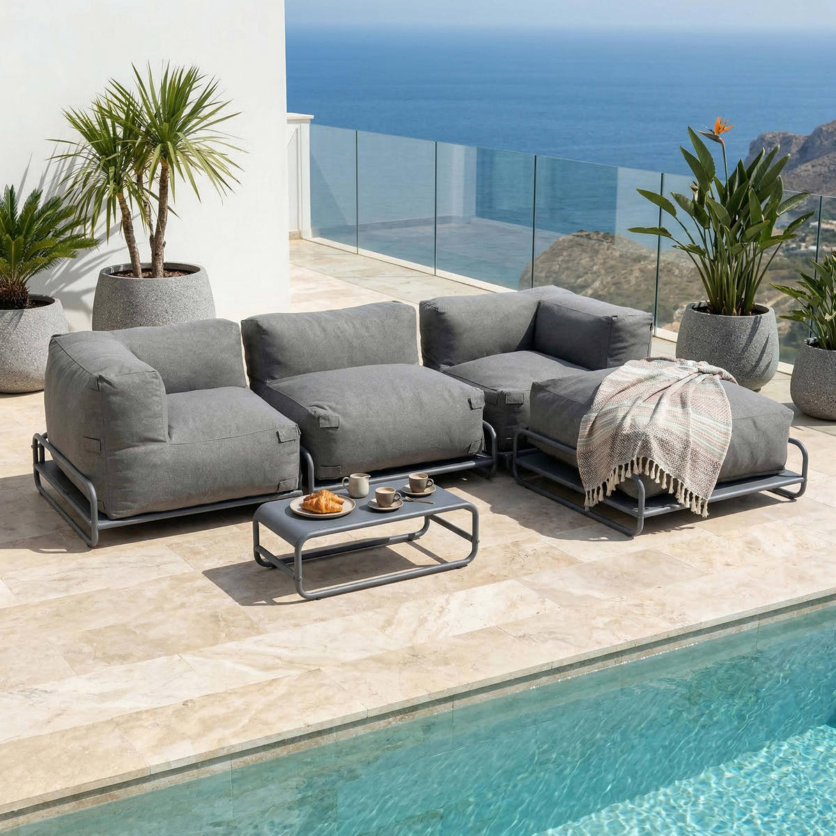 GARTENMÖBEL 4er-Set, Grau - Grau, Textil - Oviala