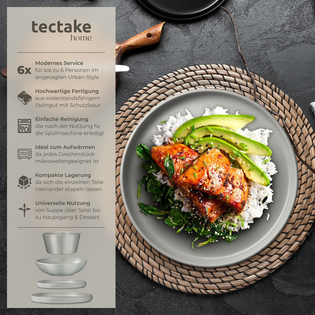 TAFELSERVICE Una, ineinander stapelbar, grau - Grau, Keramik (26/2.3/26cm) - tectake