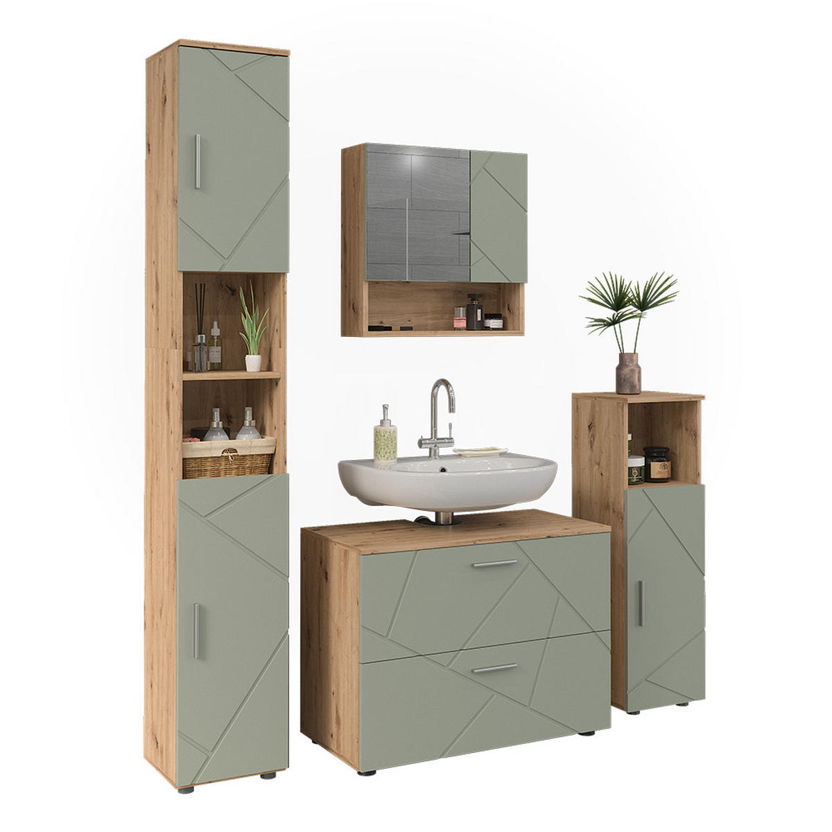 BADMÖBEL-SET Irma Salbeigrün 4 Teile - Salbeigrün, Holzwerkstoff (80/58.6/41cm) - Vicco