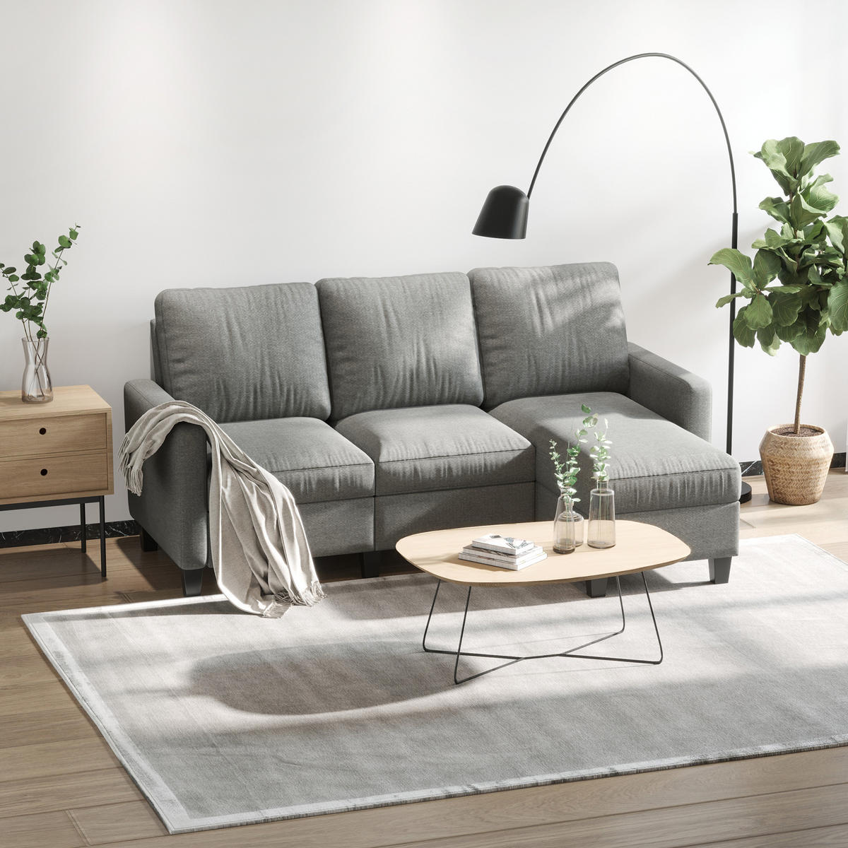 ECKSOFA Couch mit Wendbar Chaiselongue für Wohnzimmer, 197 x 139 x 91 cm - Hellgrau/Schwarz, Kunststoff/Textil (139/197cm) - HOMCOM