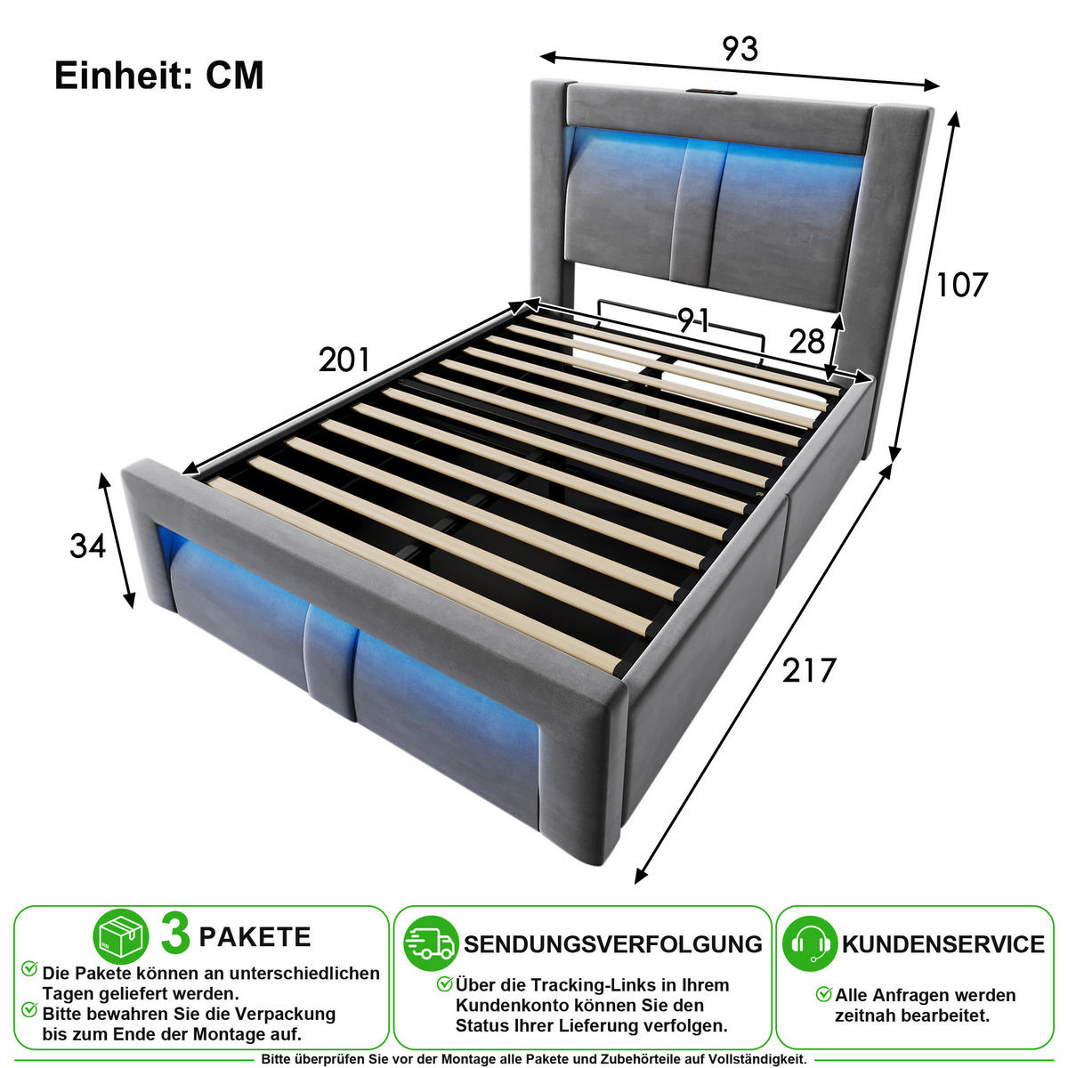 POLSTERBETT 90/200 cm in Grau Samt mit Bettkasten, LED/USB und Matratze - Grau, Holzwerkstoff/Textil (90/200cm) - CHICFURN