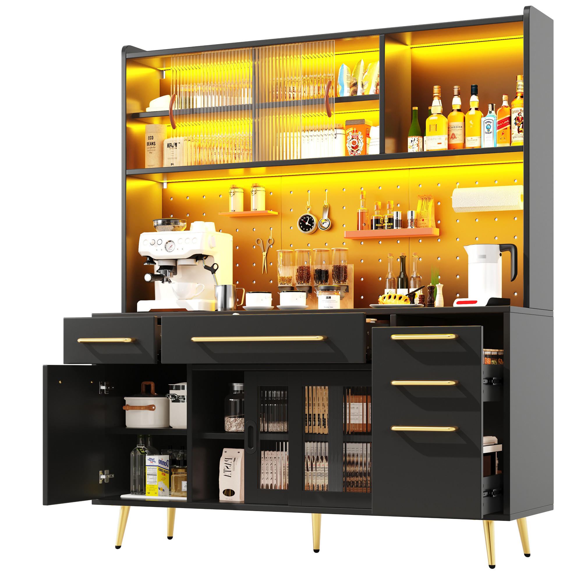 SIDEBOARD 145/39/171 cm schwarz aus MDF mit LED-Beleuchtung - Schwarz, Holzwerkstoff (145/171/39cm) - OKWISH