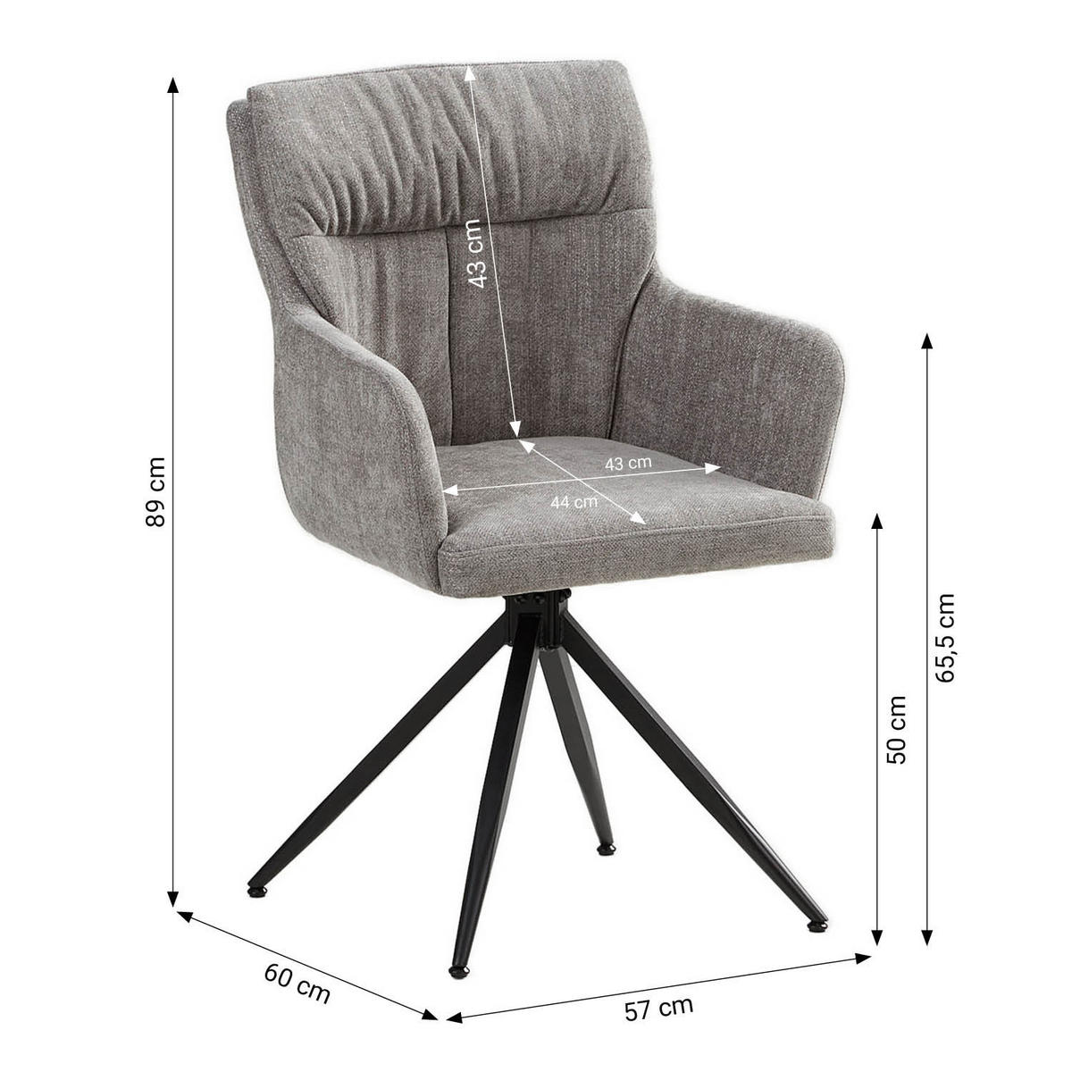ARMLEHNENSTUHL 6 Stück in Stahl Leinen Grau drehbar - Schwarz/Grau, Textil/Metall (57/89/60cm) - Homestyle4u