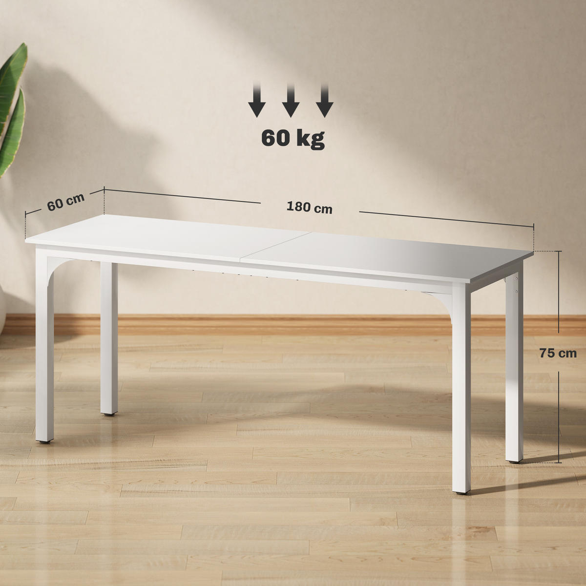 COMPUTERTISCH Weiß mit Metallgestell und großer Arbeitsfläche 180/60/75 cm - Weiß, Holzwerkstoff (60/180/75cm) - PANGIVO