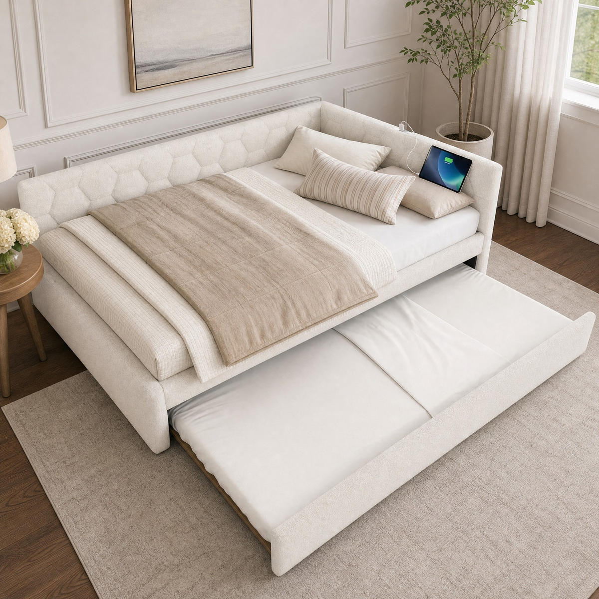 POLSTERBETT 140/200 mit Ausziehbett, Nachttischlampe, USB und Type-C in Weiß - Weiß, Holzwerkstoff/Textil (140/200cm) - EVRYAE