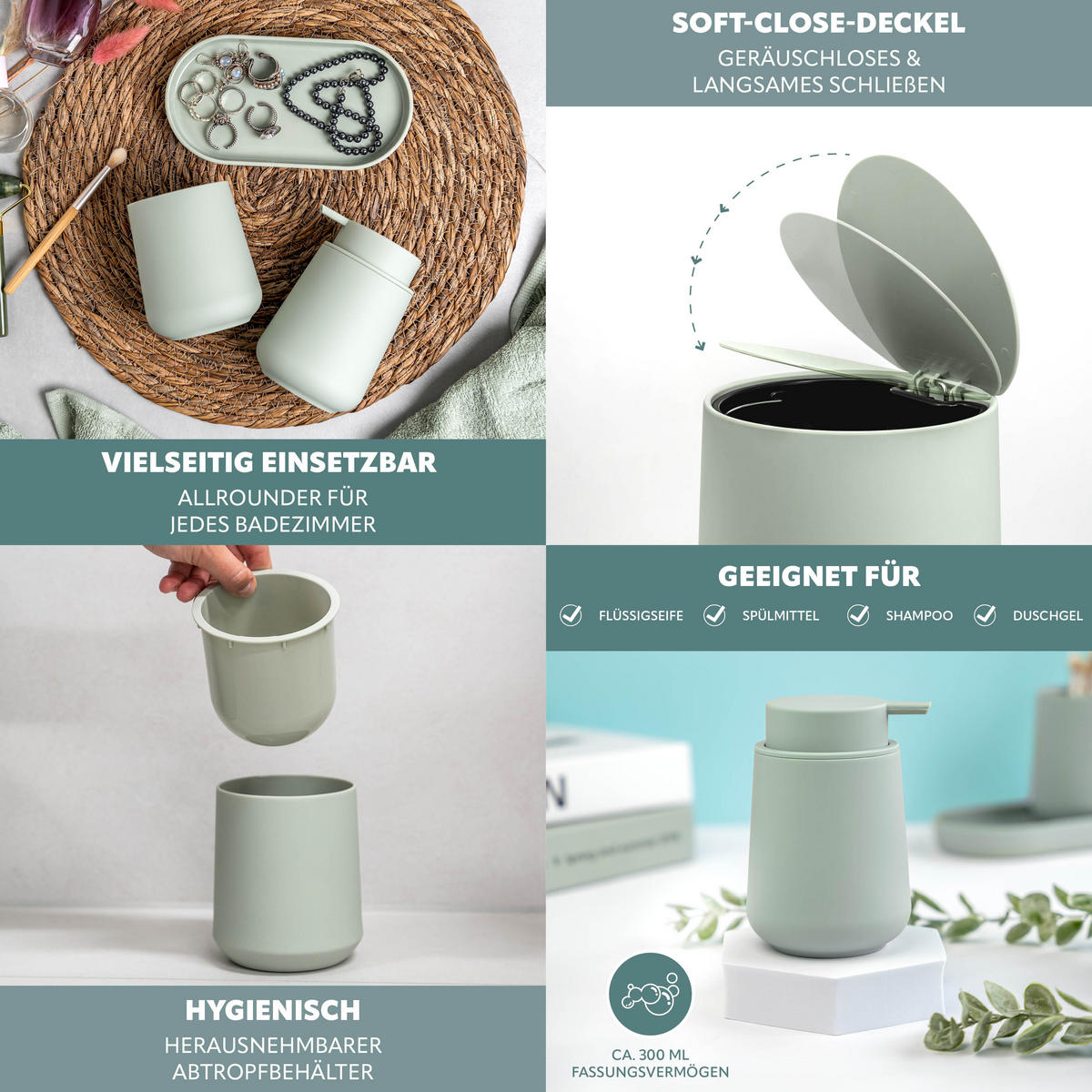 BAD-ACCESSOIRES-SET TESERO, Soft-Touch, salbei - Salbeigrün, Kunststoff (22.5/25.5/25cm) - eluno