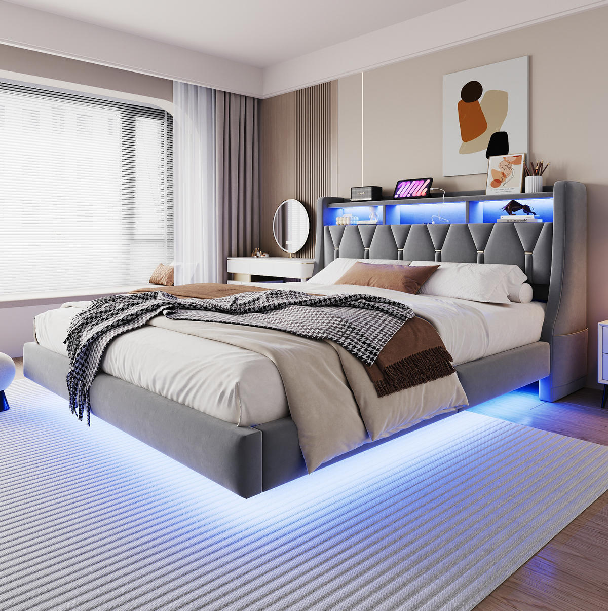TAPECIRANI krevet 180/200 cm s LED osvjetljenjem, USB i Type-C priključcima te sklopivim uzglavljem, Siva - siva, drvni materijal (180/200cm) - Redom