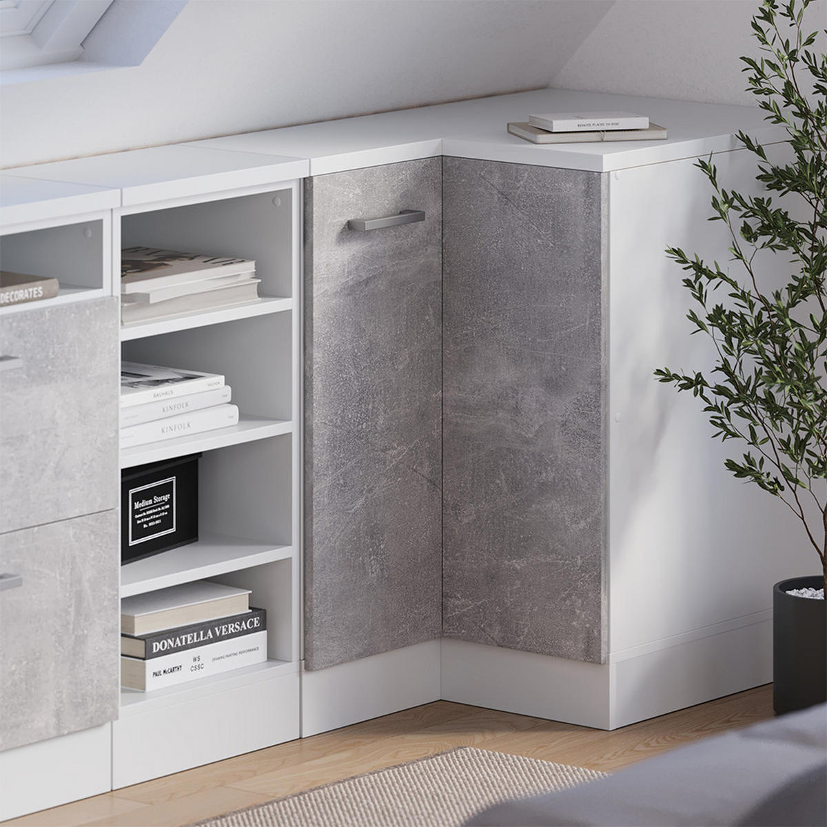KOTNI KUHINJSKI ORMAR ZA KOSINE KROVA R-Line Beton 75.6 cm s 1 vratima, korpus ormarića dubine 60 cm - bijela/siva, drvni materijal (75.6/83.8/60cm) - Vicco