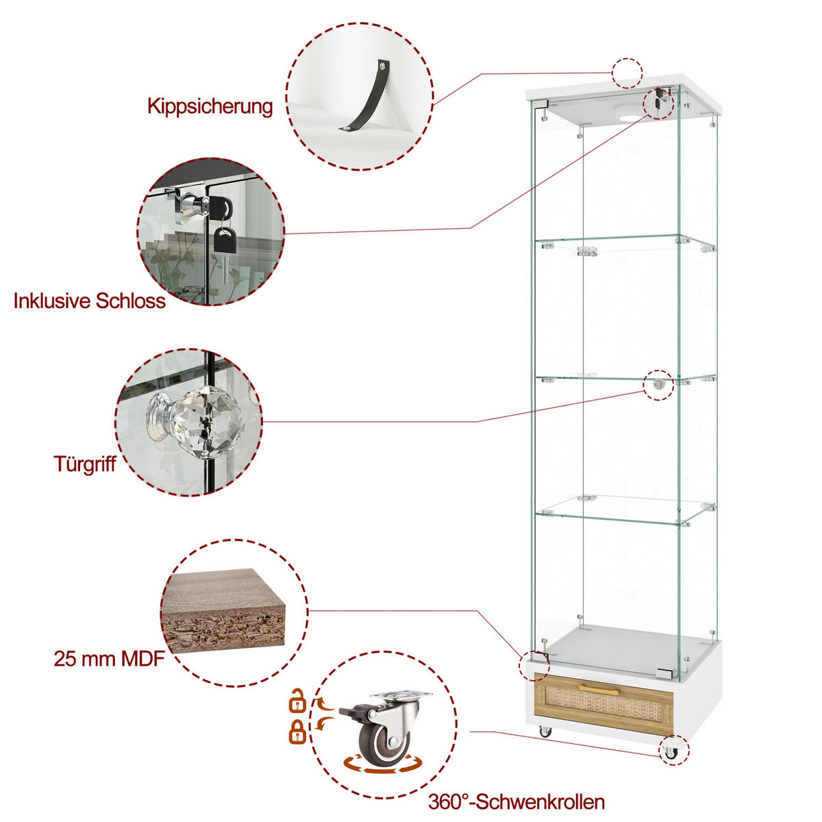 VITRINENSCHRANK 167/43/37 cm mit LED und Schubladen aus gehärtetem Glas Weiß - Weiß, Glas (42/167/36cm) - PARAFTA HOME