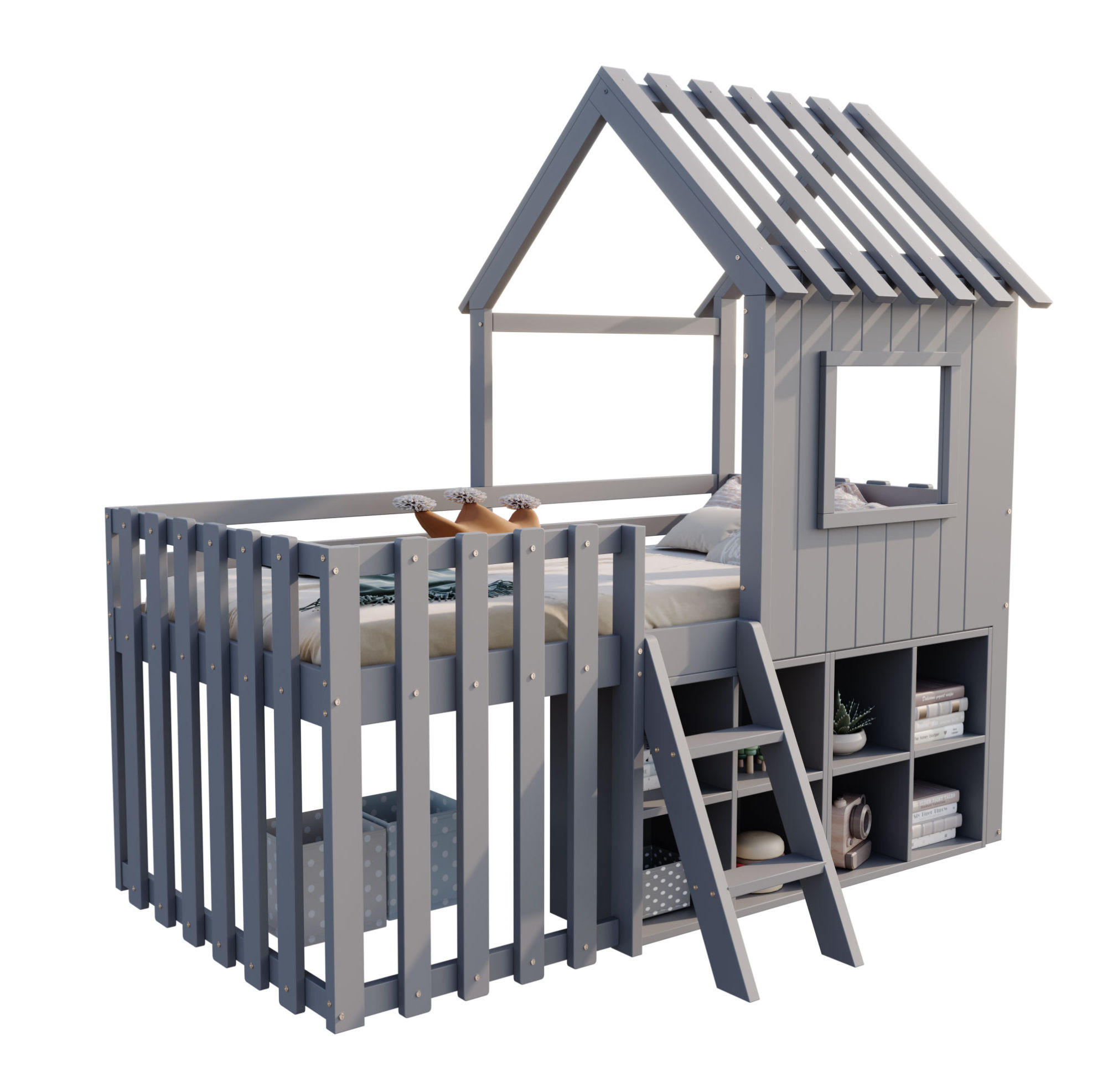 KINDERBETT 90/200 cm aus Massivholz mit Dach und Fenster, Grau - Grau, Holz (90/200cm) - OKMYHOME