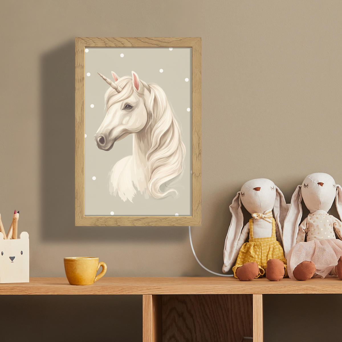 NÁSTĚNNÁ LAMPA Jednorožec - bílý - tečky 20x30 cm - šedohnědá, kompozitní dřevo (20/30/8cm) - OnlyWow
