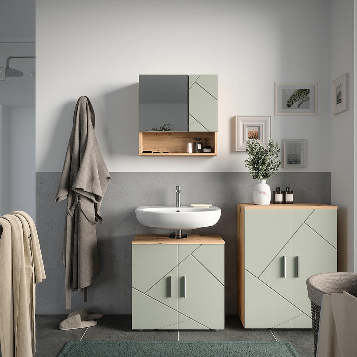 BADMÖBEL-SET Irma Salbeigrün 3 Teile - Salbeigrün, Holzwerkstoff (60/59/30cm) - Vicco