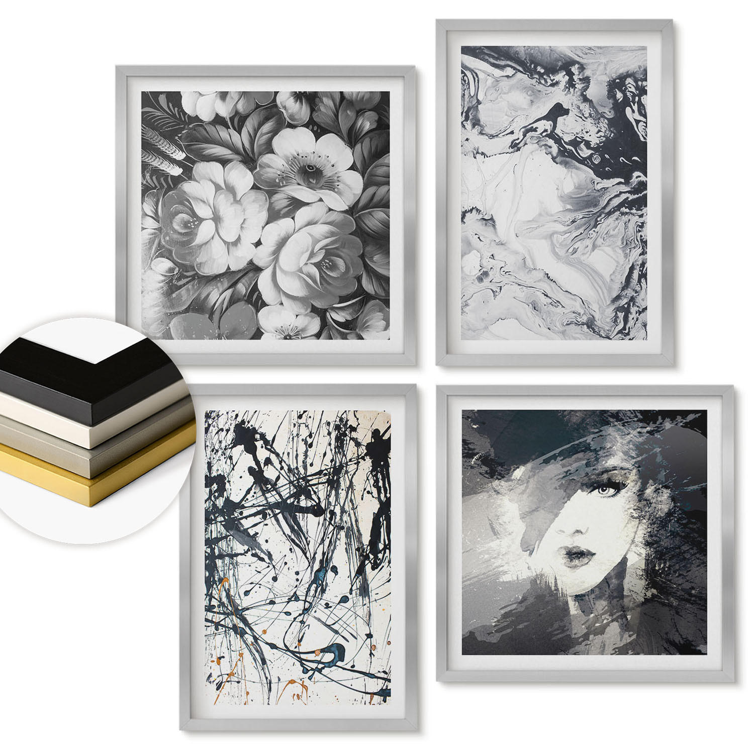 WANDBILDER 4er Set - 50x50 cm & 40x60 cm Silberner Rahmen - Abstrakte schwarz-weiße Muster - Silberfarben, Kunststoff (50/50cm) - ArtPrintCave