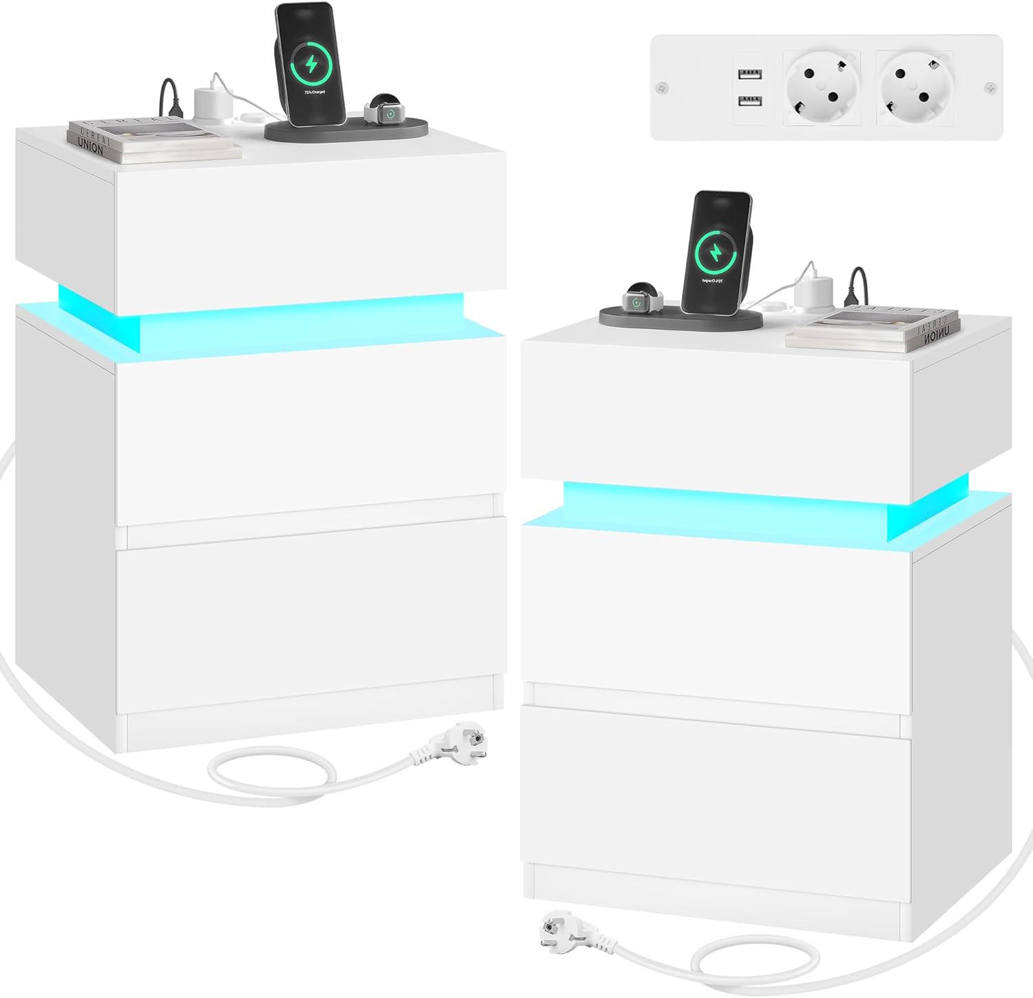 NACHTTISCH 2er Set mit Ladefunktion und LED, Weiß - Weiß, Holzwerkstoff (40/55/35cm) - Woltu