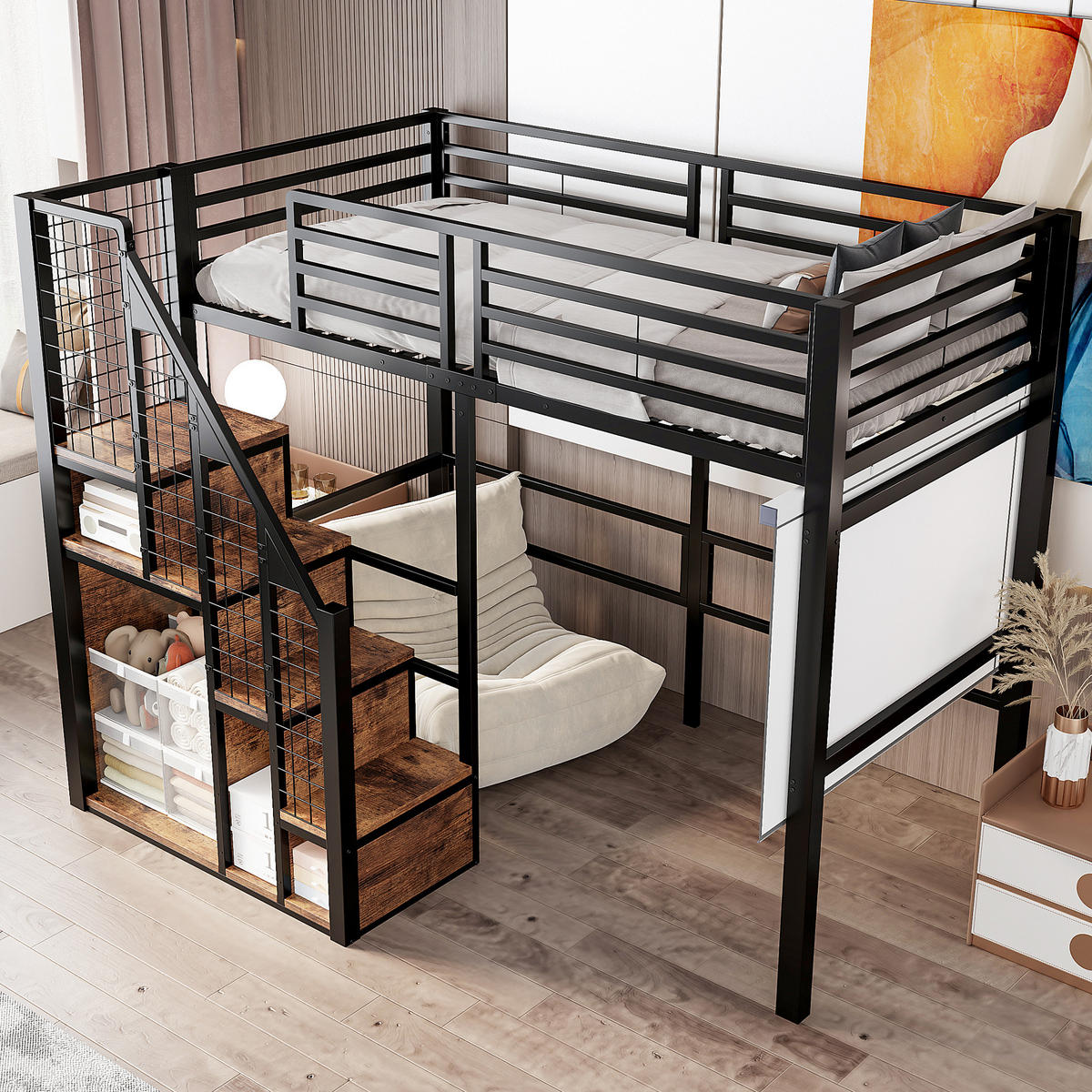 HOCHBETT aus Metall 90x200 cm in Schwarz mit Treppe & Stauraum - Schwarz, Metall (90/200cm) - Modfu