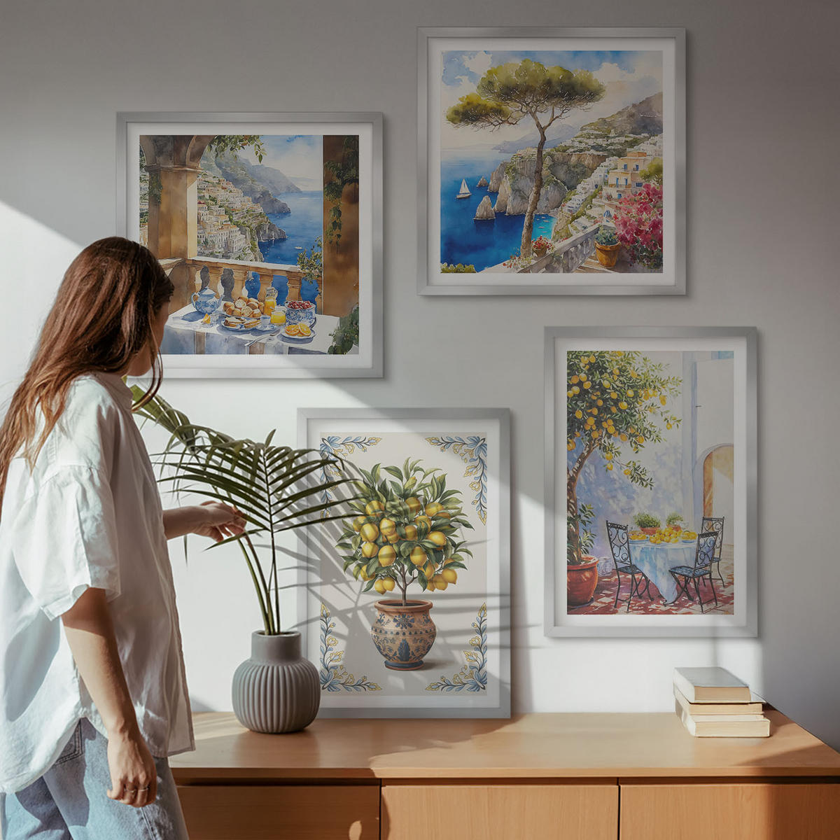 WANDBILDER 4er Set - 50x50 cm & 40x60 cm Silberner Rahmen - Tisch aus Zitronenbaum - Silberfarben, Kunststoff (50/50cm) - ArtPrintCave