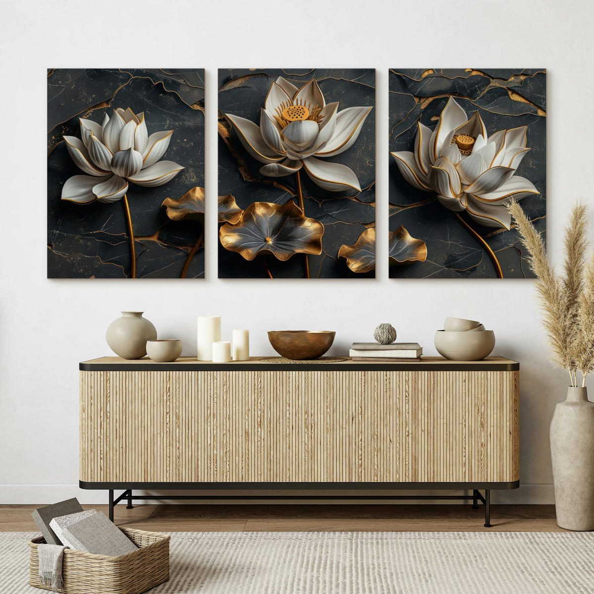 LEINWANDBILDER 3-es Set Blumen 3D Marmor - Schwarz/Weiß, Textil (90/40cm) - Muralo