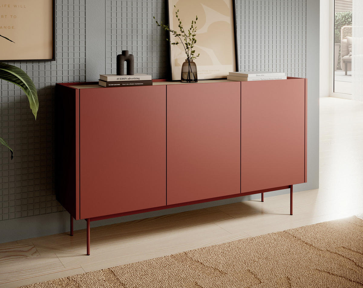 KOMMODE 144 cm Laris - Beinen, 3 Türen, Rot - Rot, Holz (144/83/37cm) - Emporius