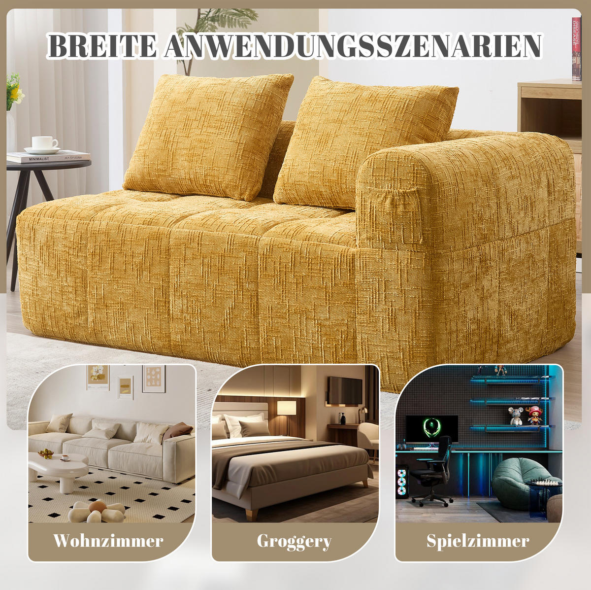 SOFA od chenille tkanine, 158/90/60 cm žuta, s bočnim džepovima - žuta, tekstil (60/160/90cm) - BEAOK