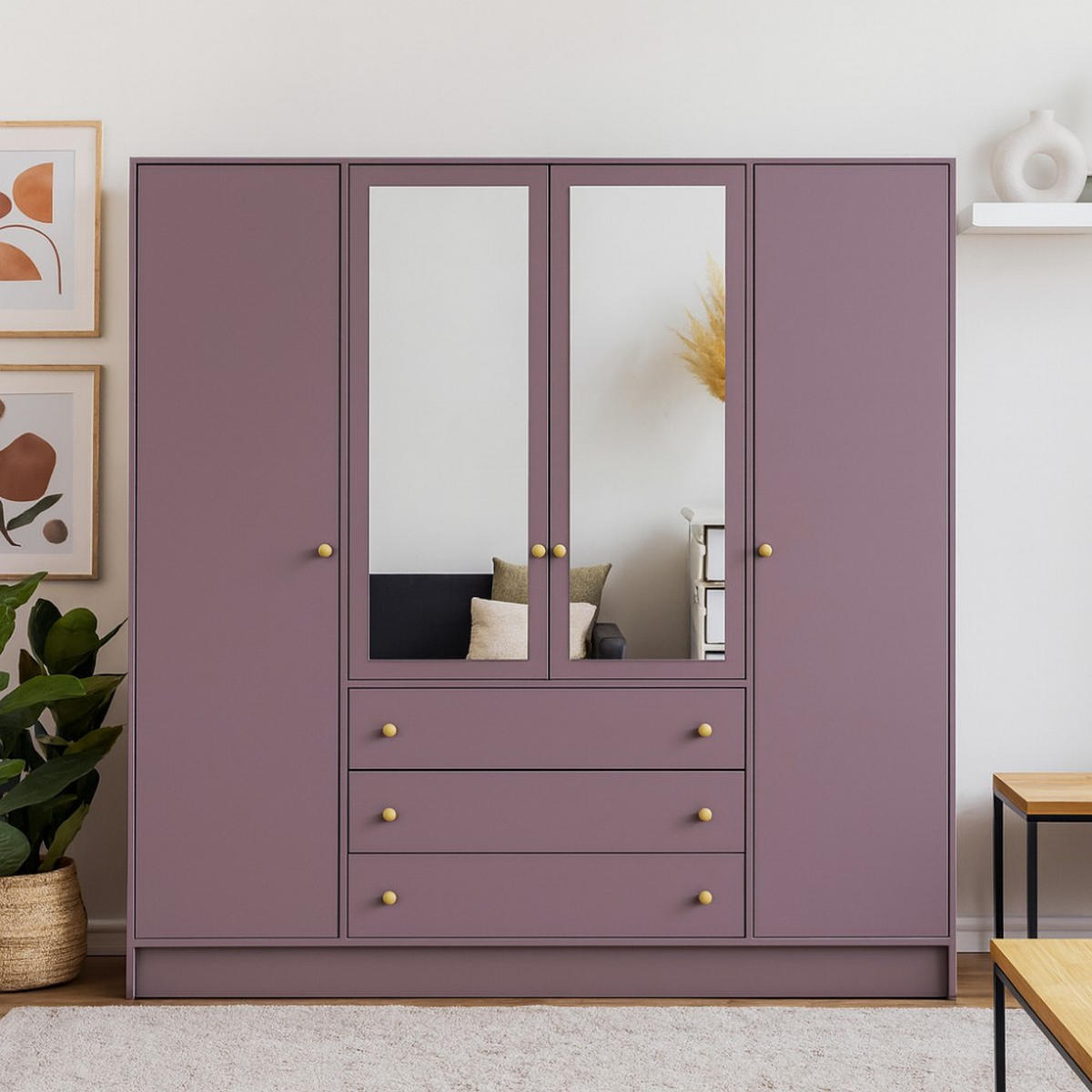 DREHTÜRENSCHRANK Solea Lux mit 4 Türen und 3 Schubladen, Pflaume - Pflaume/Goldfarben, Holzwerkstoff (196/200/58cm) - Beautysofa