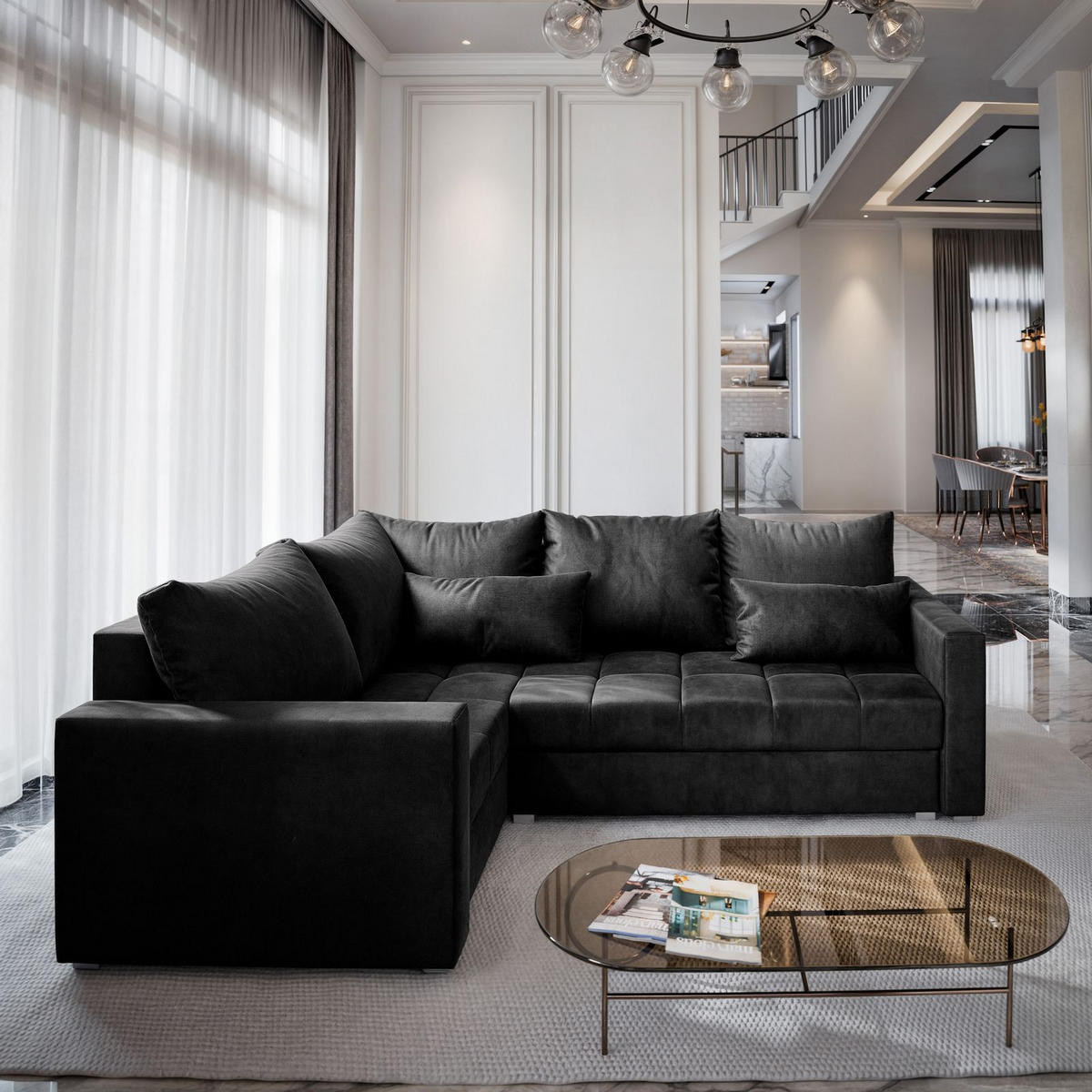 ECKSOFA LIRENO L-S Schwarz Plüsch-Stoff mit Schlaffunktion - Schwarz, Holz (220/153cm) - MASSENO