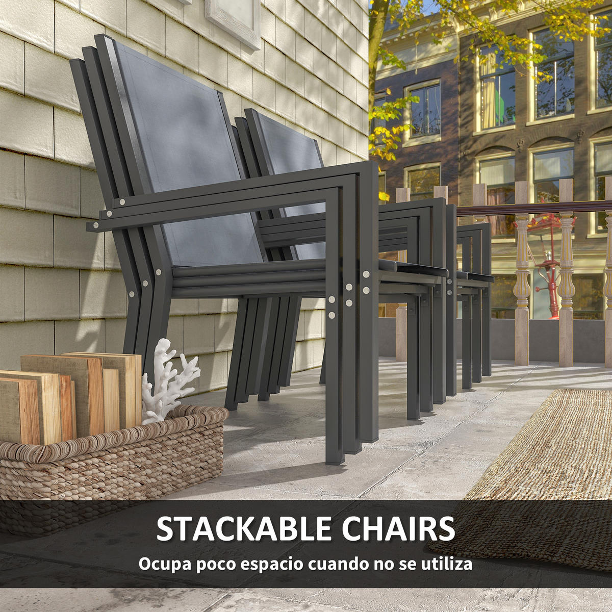 GARTENMÖBEL-SET,STAPELBARE Stühle+Stahlgestell,hellgrau - Grau, Metall - Vallsero