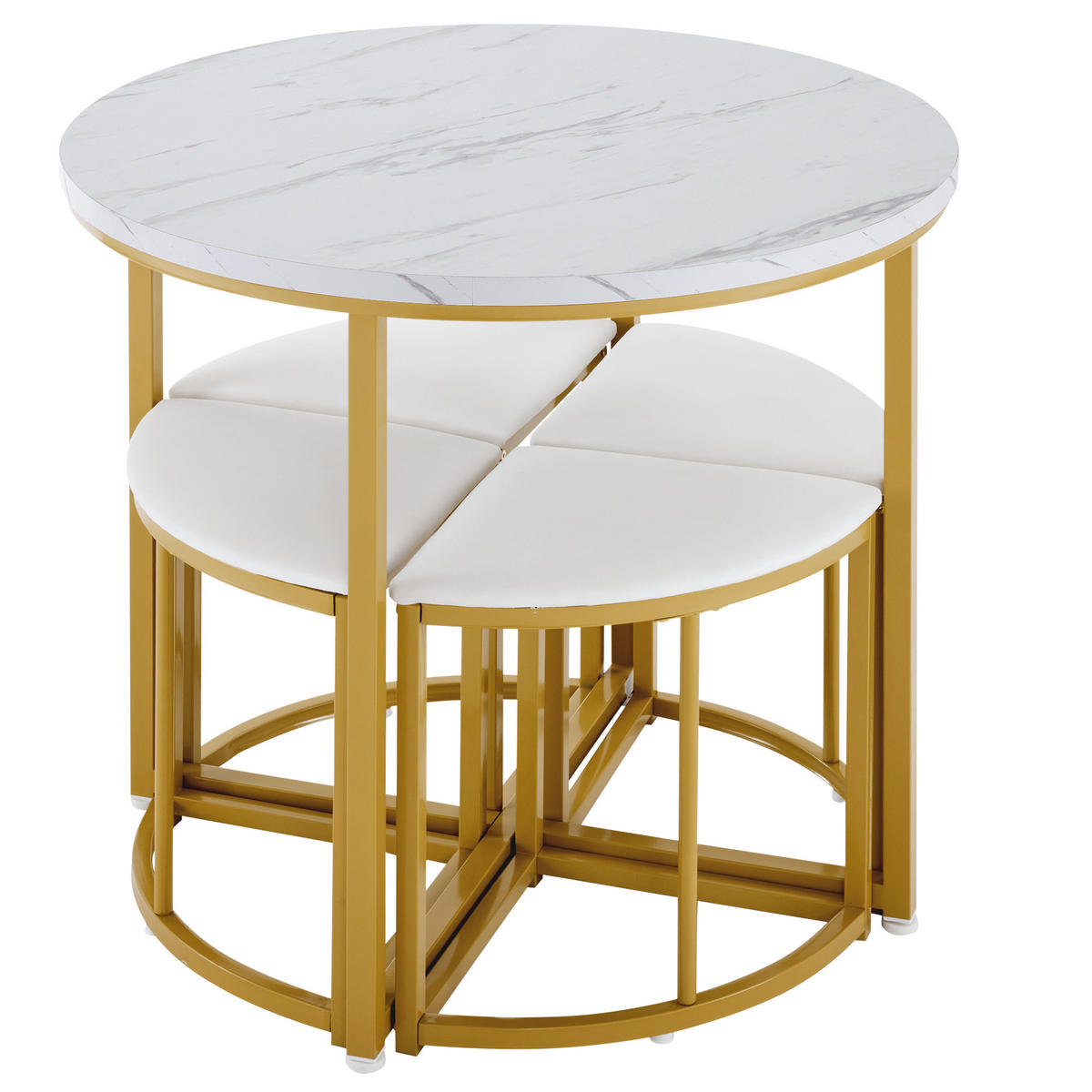 RUNDER Esstisch 80 cm mit 4 Samtstühlen, weißer MDF-Tischplatte und vergoldetem Metallrahmen, weiß-gold - Weiß, Holzwerkstoff (80/75/80cm) - Luhomfu