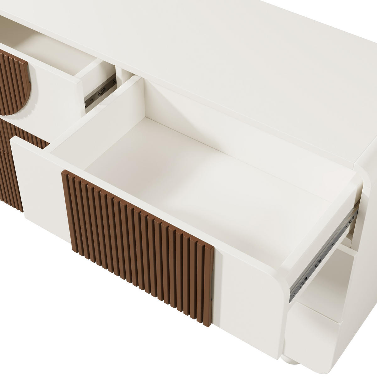 KOMMODE in Weiß Sideboard mit schokoladenfarbenen Holzleisten und Schubladen für Wohnzimmer, B121/T41/H71 cm - Weiß/Braun, Holz/Holzwerkstoff (121/71/41cm) - STILVORA