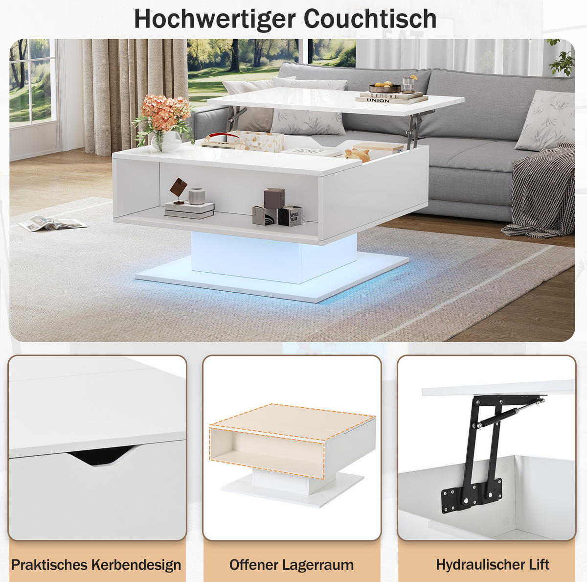 COUCHTISCH aus Spanplatte 75x53x54 cm in Weiß mit LED & anhebbarer Tischplatte - Weiß, Holzwerkstoff (75/80/40cm) - Modfu