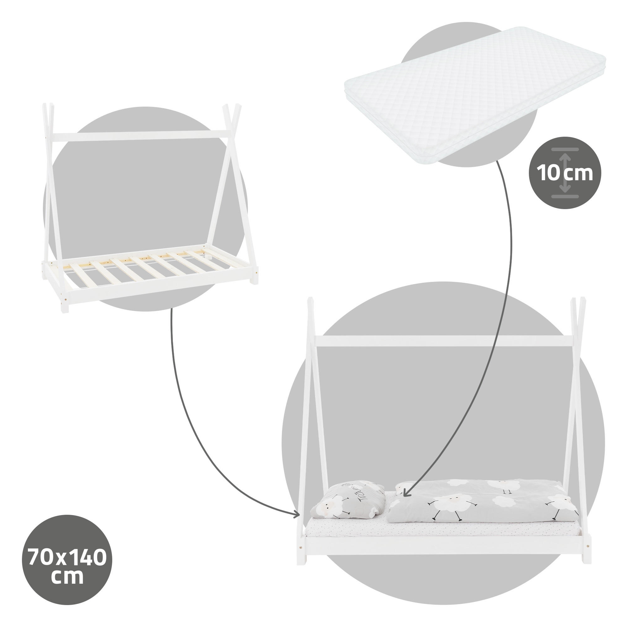 KINDERBETT Tipi mit Matratze 70x140 cm Weiß - Weiß, Holz (70/140cm) - ML-DESIGN