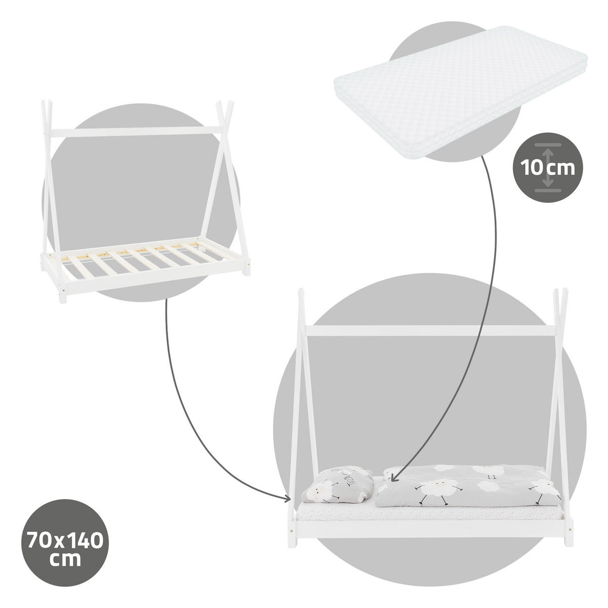 KINDERBETT Tipi mit Matratze 70x140 cm Weiß - Weiß, Holz (70/140cm) - ML-DESIGN